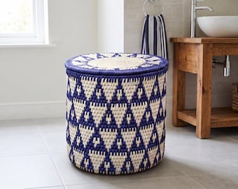 Large Navy Blue Laundry Basket with Lid | Handwoven Palm Leaf Hamper with Handles | Boho Coastal Bathroom Bedroom Storage