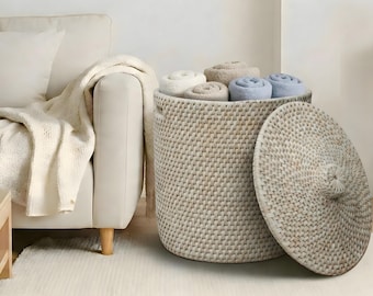 Large Laundry Basket with Dome Lid | Handwoven Palm Leaf Clothes Hamper with Handles | Bathroom Storage Basket | Japandi Laundry Room Decor