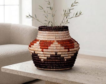 Cestino in ceramica intrecciato a mano / Vaso a spirale color crema ruggine espresso da 20 cm / Decorazione da mensola boho sud-occidentale con motivo a croce / Vaso per fiori secchi / Regalo
