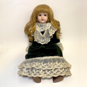 Vintage Porcelain Doll Green Velvet Dress Blonde Hair Girl