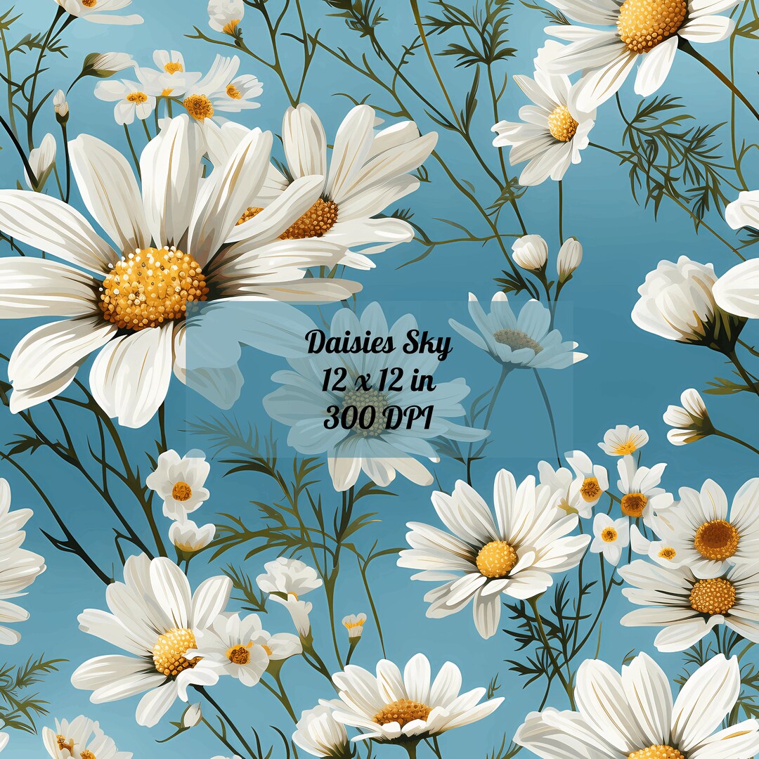 Daisies Sky Digital Paper, Floral Seamless Pattern Design, Printable ...