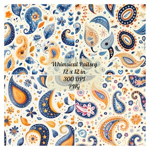 Whimsical Style Paisley Seamless Digital Papers Bundle, 4 Paisley Inspired Designs, PNG, Instant Download & Commercial Use