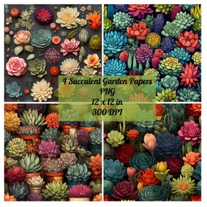 4 Succulent Garden Seamless Pattern Digital Papers Bundle, Instant Download, Commercial Use