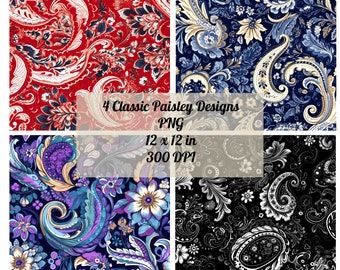 4 Classic Paisley Digital Papers Bundle, Paisley Seamless Pattern Design, Paisley Design, Printable, Instant Download, Commercial Use