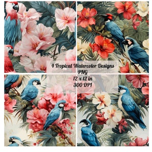 4 tropische Aquarell digitale Papiere nahtlose Muster, sofortiger Download, kommerzielle Nutzung