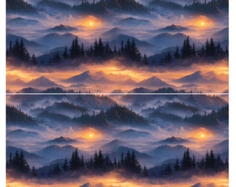 May include: A digital art print featuring a mountain landscape with a sunset. The scene includes layers of blue and purple mountains, with dark green trees and a bright orange and yellow sky. The image is divided into two sections.