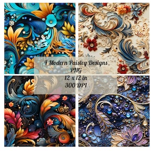 4 Modern Paisley Digital Papers Bundle, Paisley Seamless Pattern Designs, Printable Digital Paper, PNG, Instant Download, Commercial Use