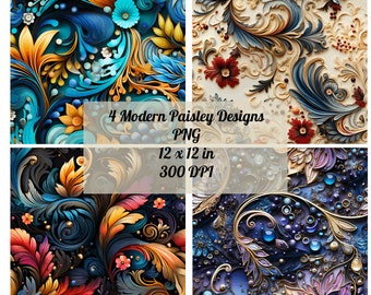 Paquete de 4 papeles digitales Paisley modernos, diseños de patrones sin costuras Paisley, papel digital imprimible, PNG, descarga instantánea, uso comercial