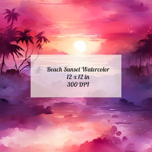 Beach Sunset Watercolor Digital Paper, Watercolor Seamless Pattern Design, Printable, 12x12 in, 300 DPI, Instant Download, Commercial Use