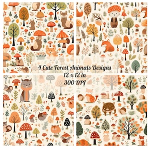 4 Cute Animals Forest Digital Papers Seamless Pattern, Bundle PNG, Instant Download, Commercial Use