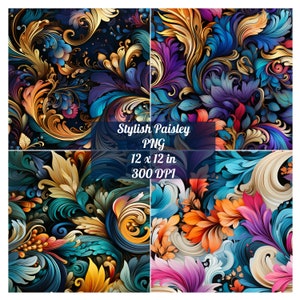 4 Stylish Paisley Digital Papers Bundle, Paisley Seamless Pattern Designs, PNG, Instant Download, Commercial Use