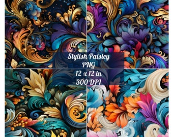 Paquete de 4 elegantes papeles digitales Paisley, diseños de patrones sin costuras Paisley, PNG, descarga instantánea, uso comercial