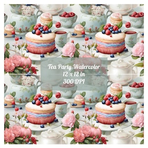 Tea Party Watercolor Seamless Pattern Digital Papers Bundle, Instant Download, Commercial Use