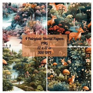 Puede incluir: Cuatro diseños de papel digital que representan un bosque de cuento de hadas con setas, flores y ciervos. Los papeles miden 30,48 cm por 30,48 cm y 300 DPI.