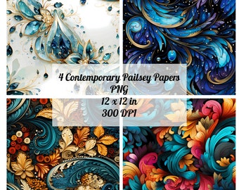 Paquete de 4 artículos digitales Paisley contemporáneos, diseños de patrones sin costuras Paisley, PNG, descarga instantánea, uso comercial