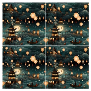 4 Lanterns Festival Seamless Pattern Digital Papers Bundle, Instant Download, Commercial Use