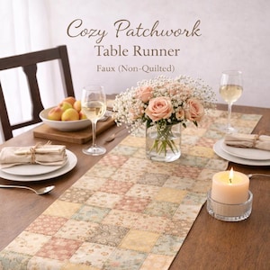 Cottagecore faux Patchwork Table Runner, Vintage Floral Quilt Table Decor, Rustic Farmhouse Dining Decor, Soft Aesthetic Home Styling