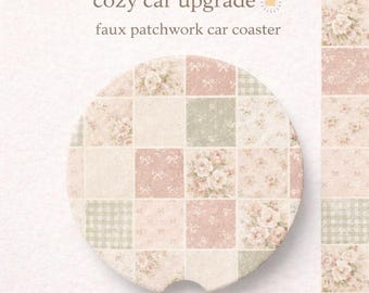 Faux Patchwork Car Coasters Set of 2, Cute Cup Holder Insert, Cottagecore Floral Bow Aesthetic