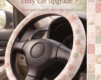 Faux Patchwork Steering Wheel Cover, Cottagecore Car Accessory, Floral Bow Aesthetic, Cute Car Decor