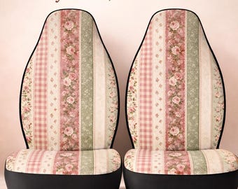 Cottagecore Floral Car Seat Covers Set of 2, Pink Sage Stripe, Cute Cozy Car Accessories