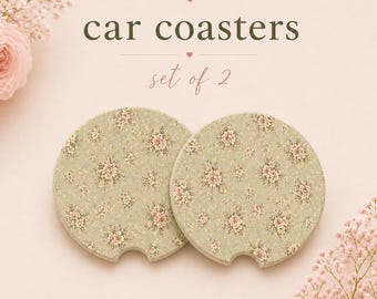 Sage Floral Car Coasters Set of 2, Cottagecore Cup Holder Insert, Absorbent Stone Car Decor