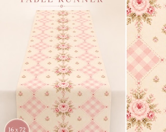 Blush Pink Floral Table Runner, Gingham Cottagecore Runner, Romantic Vintage Table Decor 16x72