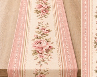 Floral Table Runner 16x72, Blush Pink Cottagecore Table Decor, Vintage Rose Shabby Chic Runner