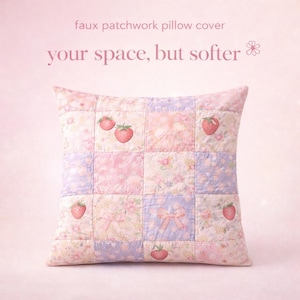 May include: A square faux patchwork pillow cover with a strawberry and bow design. The pillow features a patchwork pattern in pink and lavender hues. The text "your space, but softer" is printed on the top.