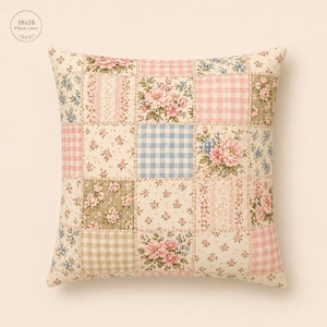 May include: A square pillow cover measuring 18x18 inches featuring a patchwork design. The pattern consists of alternating squares with pink and blue gingham checks, small floral prints on cream backgrounds, and larger pink flower clusters.