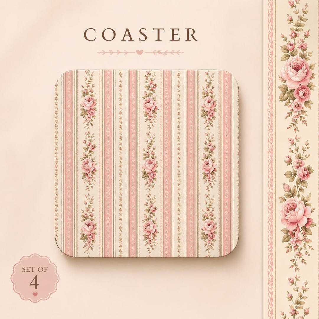 Pink Coaster Set Floral Coaster Set of 4, Blush Pink Stripe Drink Coasters, Cottagecore ...