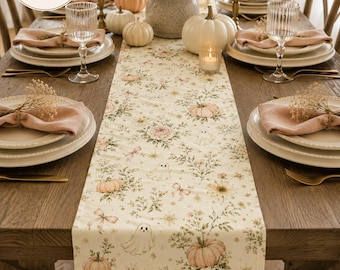 Camino de mesa con estampado de fantasmas florales, decoración rústica de Halloween, mesa otoñal suave y espeluznante (16x72)
