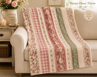 Cottagecore Sherpa Throw Blanket, Floral Fleece Blanket, Shabby Chic Cozy Couch Throw, Pink Sage Vintage Home Decor Gift