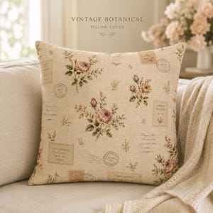 Fodera per cuscino botanica vintage, fodera per cuscino floreale in stile country francese, cuscino decorativo in stile cottagecore, arredamento romantico e neutro per la casa