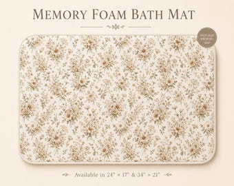 Neutral Floral Bath Mat, Beige Cottagecore Memory Foam Bath Rug, Wildflower Bathroom Rug, Botanical Bath Mat, French Country Bathroom Decor