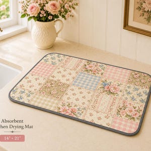 Tapete de secado estampado con diseño floral de patchwork, tapete de secado de cocina estilo cottagecore, decoración de cocina floral vintage, tapete de secado de platos de imitación patchwork, absorbente.