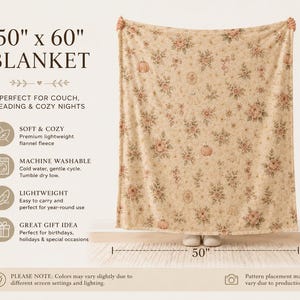 50x60 plush blanket size guide displaying dimensions, lightweight comfort, machine washable care instructions, and cozy throw blanket features.
