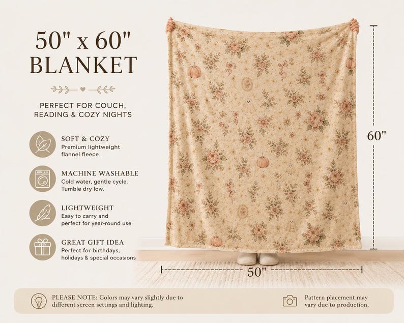 50x60 plush blanket size guide displaying dimensions, lightweight comfort, machine washable care instructions, and cozy throw blanket features.
