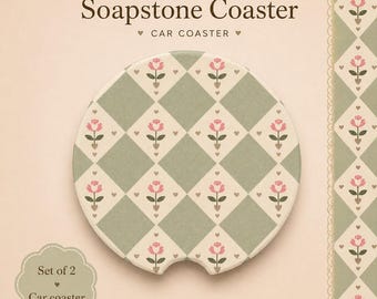 Floral Car Coasters Set of 2, Sage Cottagecore Coasters, Cute Absorbent Cup Holder Coasters