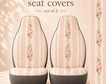 Floral Car Seat Covers Set of 2, Blush Pink Stripe Cottagecore Car Accessories, Cute Car Interior Decor