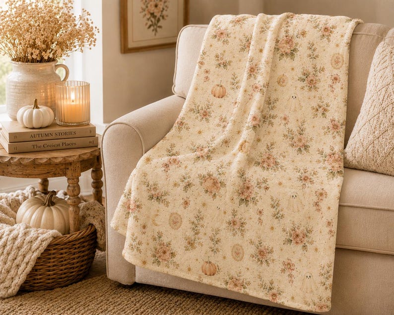 Decorative floral ghost blanket styled on a cream sofa with blush pumpkins, candles, woven textures, and soft seasonal home accents.