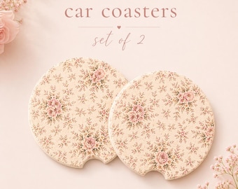 Ensemble de 2 sous-verres floraux pour voiture | Accessoires de voiture mignons pour femmes | Décoration pour voiture Cottagecore rose poudré | Sous-verres absorbants pour porte-gobelets