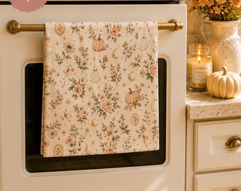 Paño de cocina Summerween, paño de cocina floral con fantasmas, decoración rústica de Halloween, paño de cocina rosa con calabaza, regalo suave y espeluznante para la cocina, algodón.
