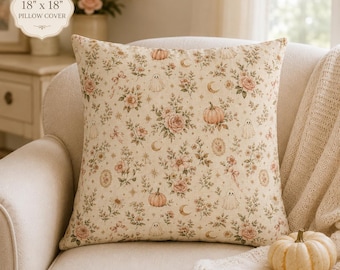 Funda de almohada Summerween, decoración floral de fantasmas y calabazas estilo cottagecore para Halloween (45 x 45 cm)