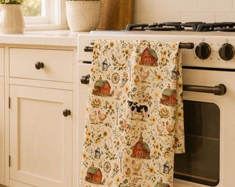 Farmhouse Tea Towel, Rustic Barn Kitchen Towel, Cow and Chicken Tea Towel, Country Cottage Kitchen Decor, Farmhouse Gift