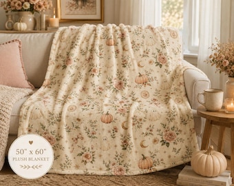 Manta de felpa con estampado floral de fantasmas, manta decorativa estilo cottagecore para Halloween, decoración acogedora con calabaza rosa (50" x 60")