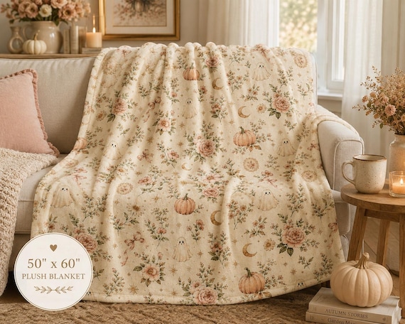 Floral Ghost Plush Blanket, Cottagecore Halloween Throw, Pink Pumpkin Cozy Decor (50" x 60")