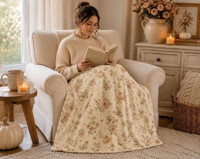 Woman reading in a cream armchair with a Summerween floral ghost blanket draped across her lap in a warm neutral cottage-inspired space.