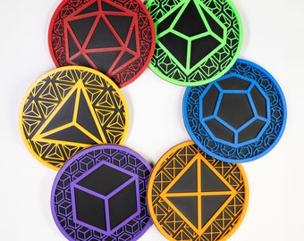 Polyhedral Dice Coasters: 3D Printed TTRPG Gaming Accessory, Customizable Colors