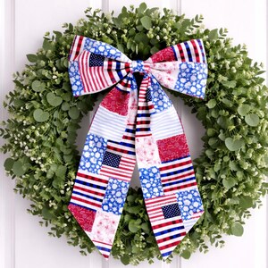 Patriotic Patchwork Wreath Bow, Americana wreath Bow, Patriotic Wreath Sash, Patriotic Door Decor