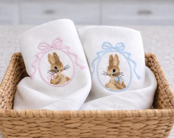 Rabbit Tea Towel - Embroidered Kitchen Towel, Housewarming, Wedding Gift